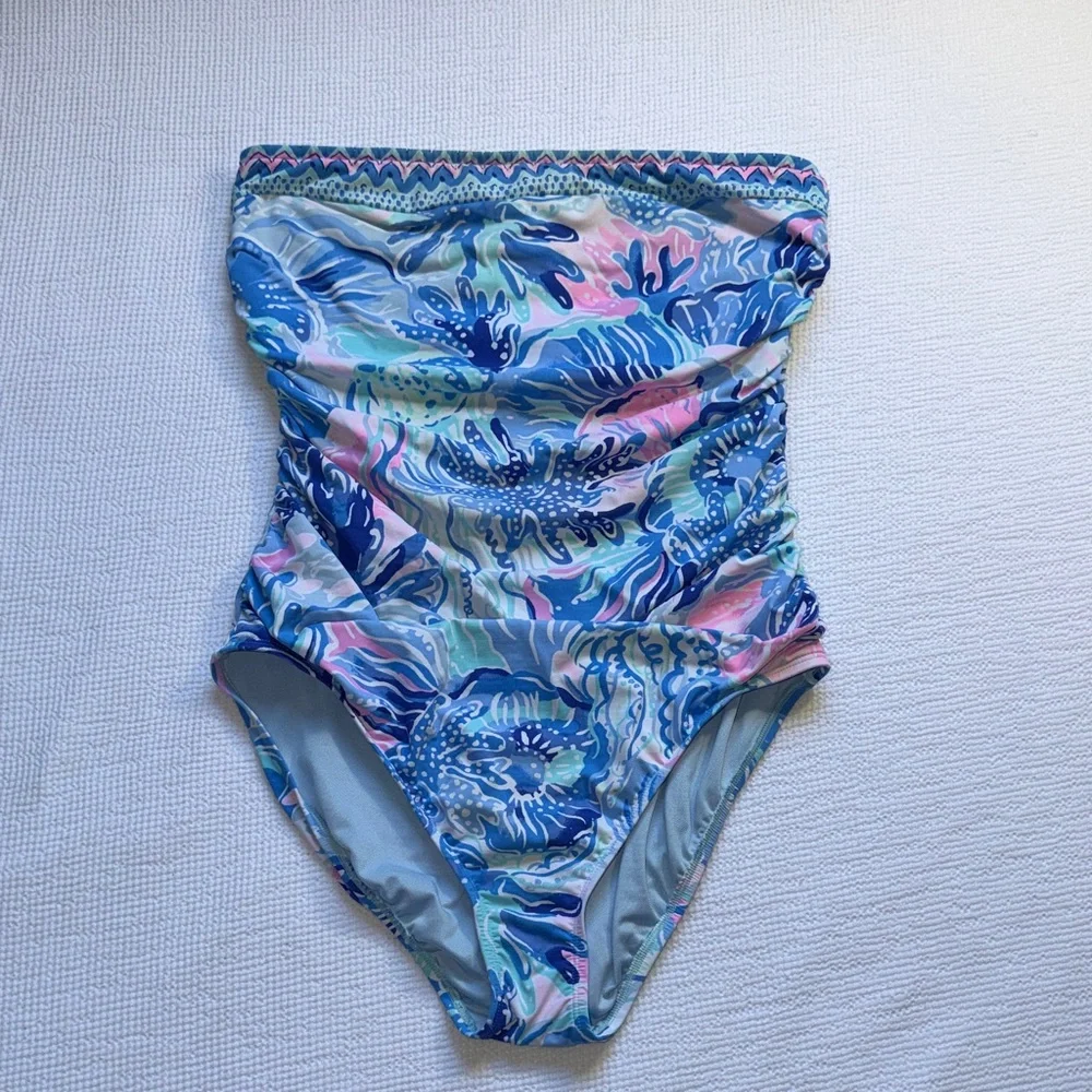 Lilly Pulitzer Blue and Pink Strapless Floral-Print One-Piece - Picture 1 of 6